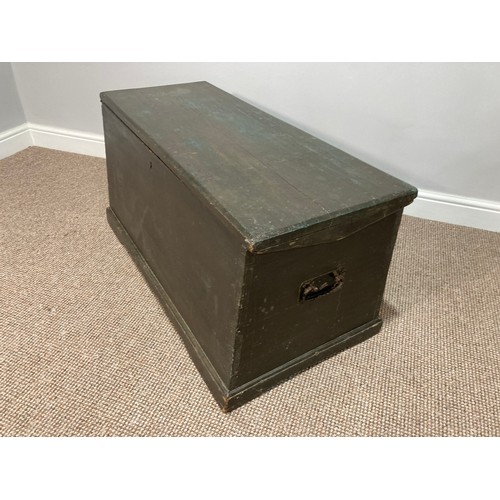 379 - A vintage dark green painted pine Blanket Chest, with iron side handles and candle box, W 96cm x H 4... 