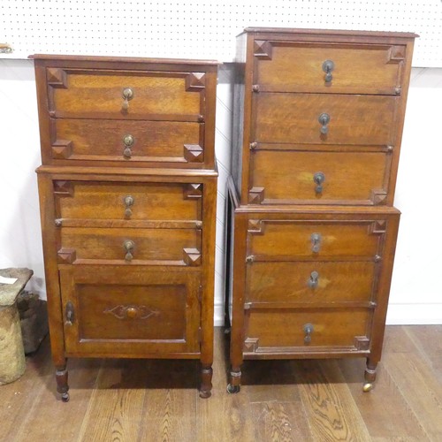 390 - Two early 20thC oak Tall Boys, of similar design, one with six drawers, W 53cm x H 126.5cm x D 46cm,... 