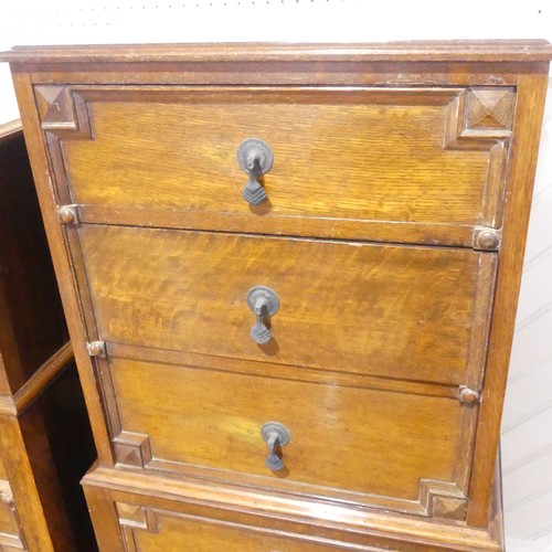 390 - Two early 20thC oak Tall Boys, of similar design, one with six drawers, W 53cm x H 126.5cm x D 46cm,... 