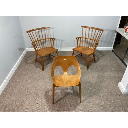 405 - A pair of mid 20thC light wood stick-back Windsor Chairs, together with a moulded wood 'Kandya' chai... 