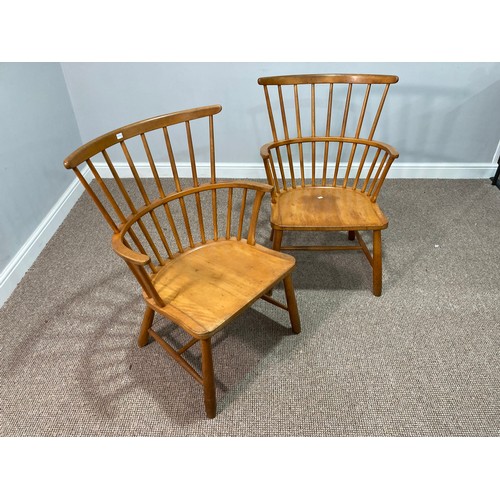 405 - A pair of mid 20thC light wood stick-back Windsor Chairs, together with a moulded wood 'Kandya' chai... 