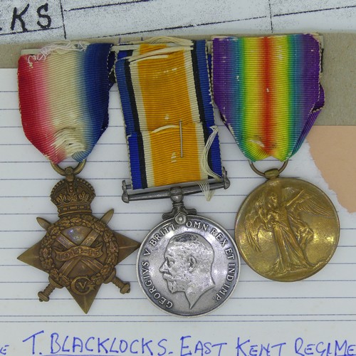 27 - 1914-15 Trio, G/1362 Pte. T Blacklocks E.Kent Regt, Mounted for wear.