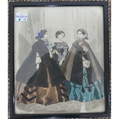 195 - Five 19th century French fashion prints, hand coloured, 21cm x 17cm, framed (5)