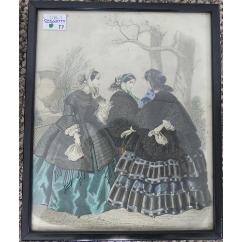 195 - Five 19th century French fashion prints, hand coloured, 21cm x 17cm, framed (5)