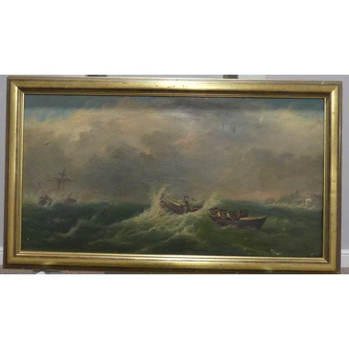 259 - 19thC school, Life boat in a stormy sea, oil on canvas, old restorations and some scuffing to canvas... 