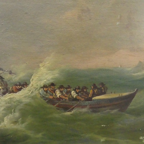 259 - 19thC school, Life boat in a stormy sea, oil on canvas, old restorations and some scuffing to canvas... 