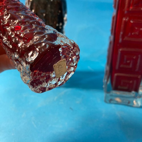 99 - A Geoffrey Baxter for Whitefriars 'Greek Key' pattern glass Vase, in Ruby Red, 20cm tall, together w... 