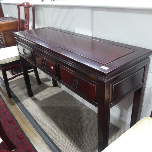 315 - A late 20thC Oriental hardwood Side Table, with three short drawers, raised on square legs, w122cm x... 