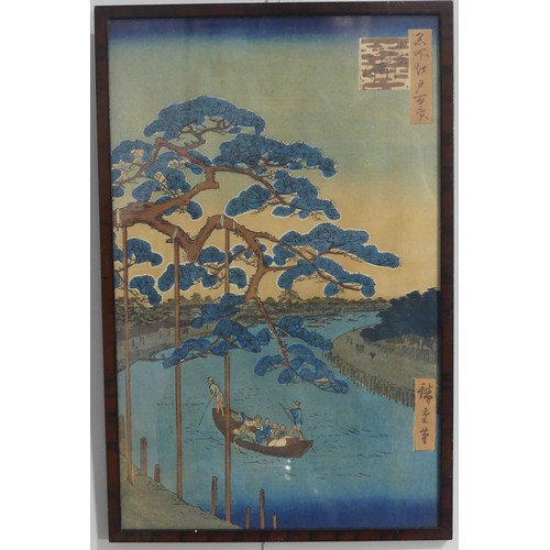 196 - A pair of early 20th century Japanese woodblock prints, depicting figures in landscapes, 23cm x 35cm... 