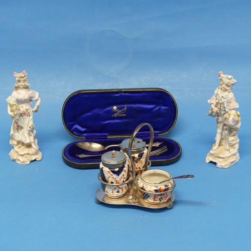 132 - A silver plated and Imari Cruet Set, with silver mustard spoon, together with a cased silver spoon a... 