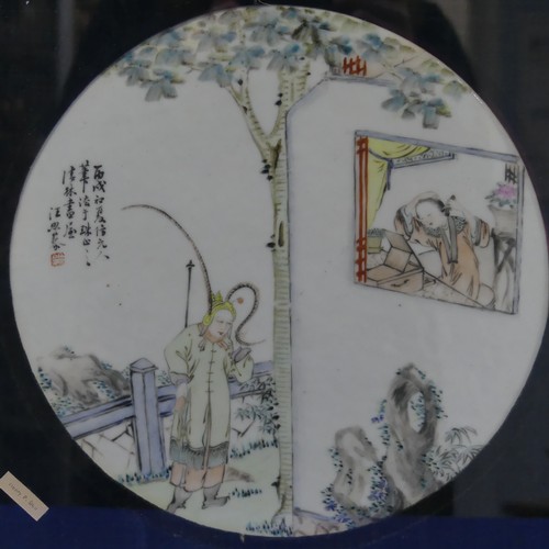 71 - A 19thC Chinese porcelain 'Scholars' Plaque, of circular form, depicting a young woman doing her hai... 