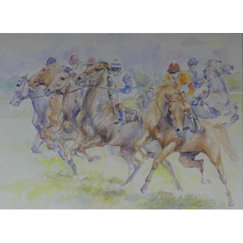 236 - Jacqui Jones (British, b.1961), Racehorses, The Start, watercolour, signed and dated '94, 54cm x 74c... 