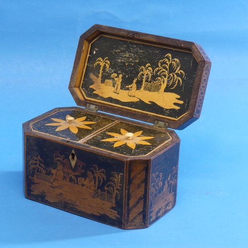 345 - An early 19thC Chinoiserie Tea Caddy, W 20.25cm x H 12cm x D 12cm, minor fading and damage, together... 