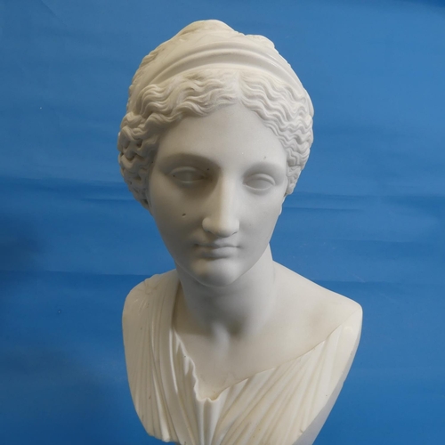 369 - A white marble classical Bust of a Woman,  raised on a circular white marble Plinth, finely carved, ... 