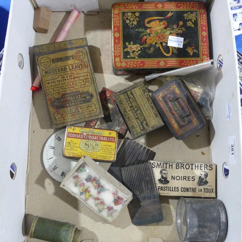 381 - A box of Wonderments, including a 19thC figural painted wooden snuff box, vintage tins and container... 