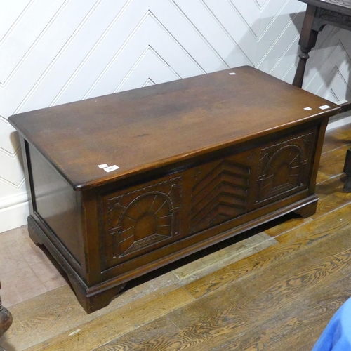 386 - An early 20thC oak Blanket Box, with incised panel front, vacant interior, 100cm wide x 50cm deep x ... 