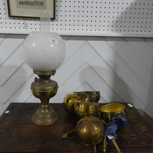 394 - A set of three vintage hanging Scales, the brass bodies with brass bowls, together with a vintage br... 