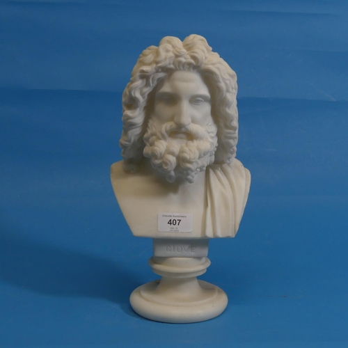 407 - An early 20thC Grand Tour souvenir white marble bust of Jupiter of Otricoli, raised on a circular pl... 