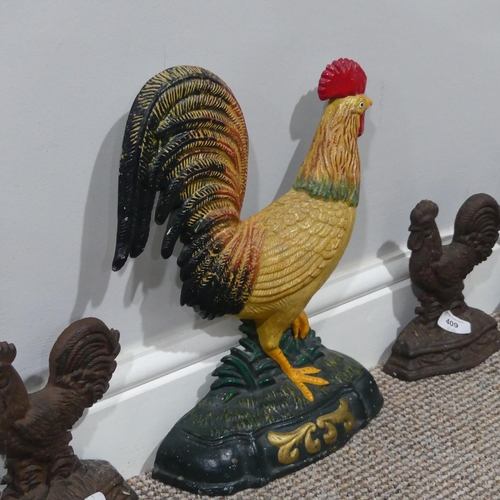 409 - A vintage cast iron Doorstop, modelled as a Cockerel, together with four further, also modelled as c... 