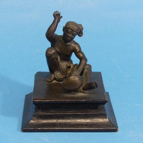 416 - Two late 19thC oriental bronzes, one depicting a labourer, the other a seated woman, on ebonised woo... 