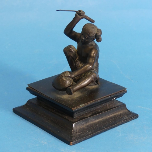 416 - Two late 19thC oriental bronzes, one depicting a labourer, the other a seated woman, on ebonised woo... 