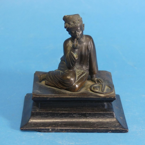 416 - Two late 19thC oriental bronzes, one depicting a labourer, the other a seated woman, on ebonised woo... 