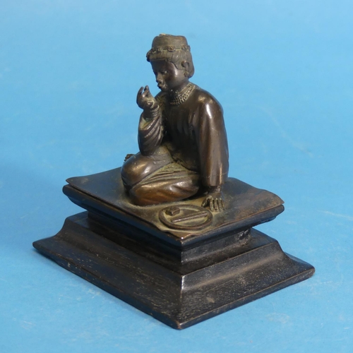 416 - Two late 19thC oriental bronzes, one depicting a labourer, the other a seated woman, on ebonised woo... 