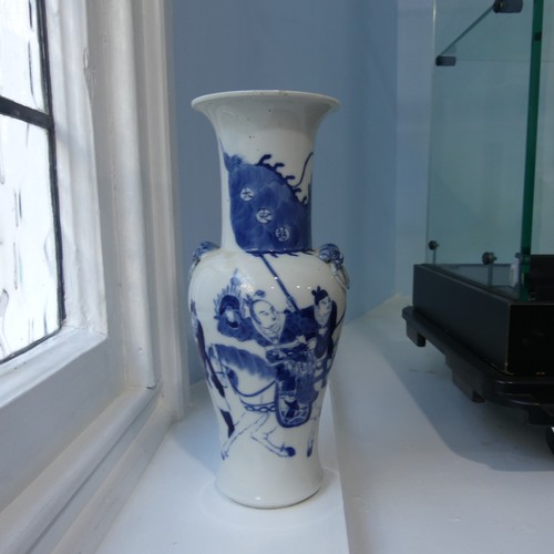 184 - A pair of antique Chinese Blue and White Vases, the body decorated with warriors, with a six charact... 