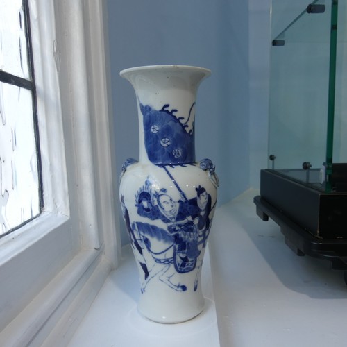 184 - A pair of antique Chinese Blue and White Vases, the body decorated with warriors, with a six charact... 