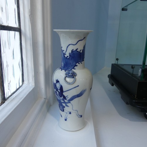 184 - A pair of antique Chinese Blue and White Vases, the body decorated with warriors, with a six charact... 