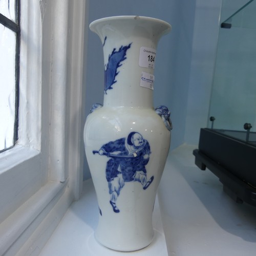 184 - A pair of antique Chinese Blue and White Vases, the body decorated with warriors, with a six charact... 