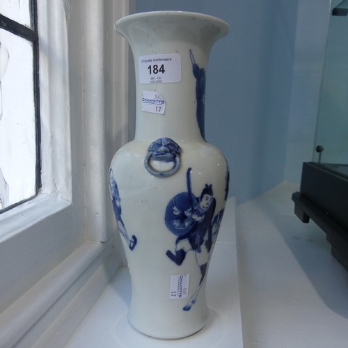 184 - A pair of antique Chinese Blue and White Vases, the body decorated with warriors, with a six charact... 