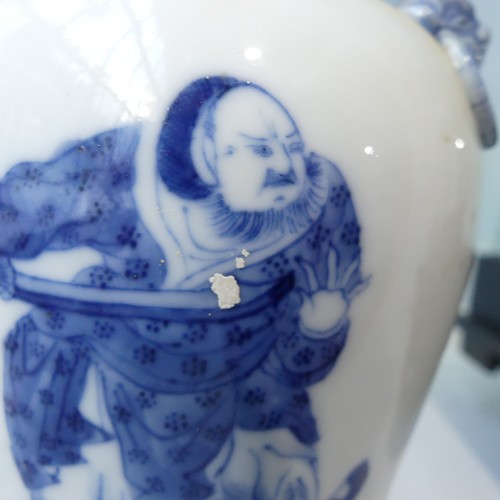 184 - A pair of antique Chinese Blue and White Vases, the body decorated with warriors, with a six charact... 