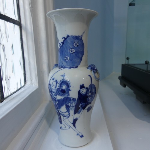 184 - A pair of antique Chinese Blue and White Vases, the body decorated with warriors, with a six charact... 