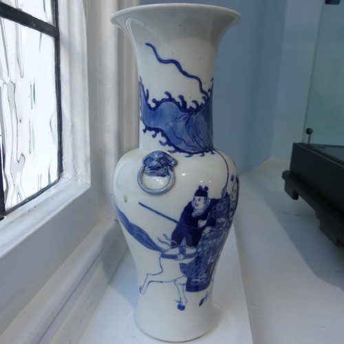 184 - A pair of antique Chinese Blue and White Vases, the body decorated with warriors, with a six charact... 