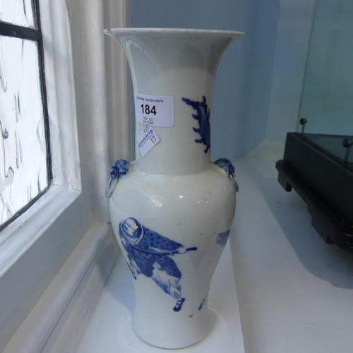 184 - A pair of antique Chinese Blue and White Vases, the body decorated with warriors, with a six charact... 