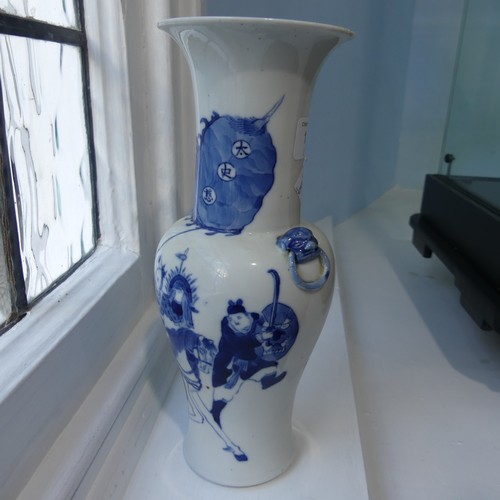 184 - A pair of antique Chinese Blue and White Vases, the body decorated with warriors, with a six charact... 