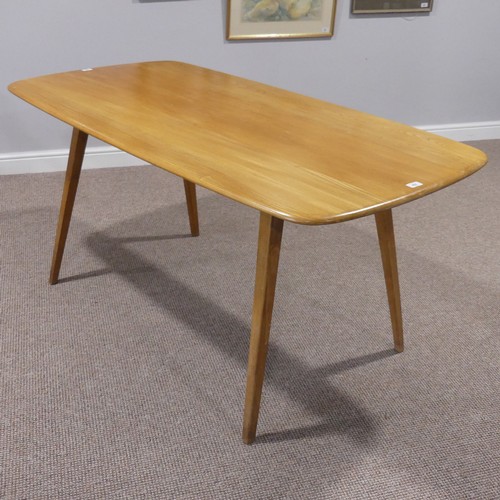 402 - Vintage Ercol Blonde elm plank-top Dining Table, with rounded rectangular top raised on splayed tape... 