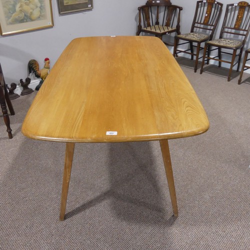 402 - Vintage Ercol Blonde elm plank-top Dining Table, with rounded rectangular top raised on splayed tape... 