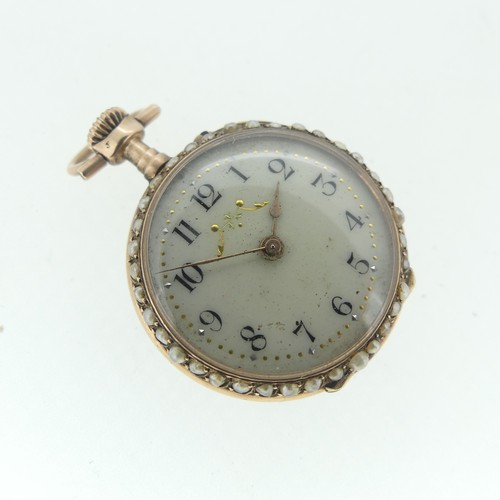 113 - A pretty Swiss 14ct gold and enamel Fob Watch, case and cuvette marked 