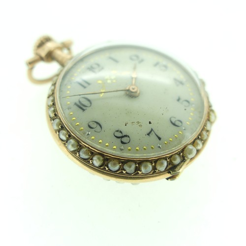 113 - A pretty Swiss 14ct gold and enamel Fob Watch, case and cuvette marked 