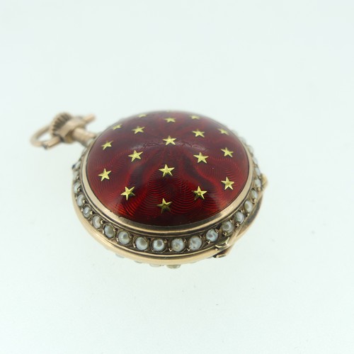 113 - A pretty Swiss 14ct gold and enamel Fob Watch, case and cuvette marked 