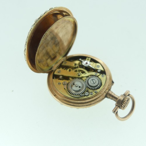 113 - A pretty Swiss 14ct gold and enamel Fob Watch, case and cuvette marked 