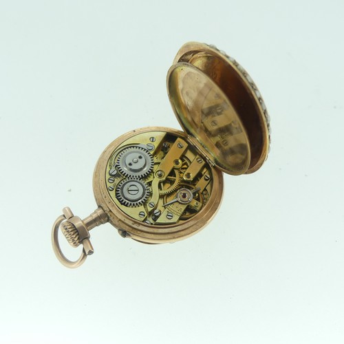 113 - A pretty Swiss 14ct gold and enamel Fob Watch, case and cuvette marked 