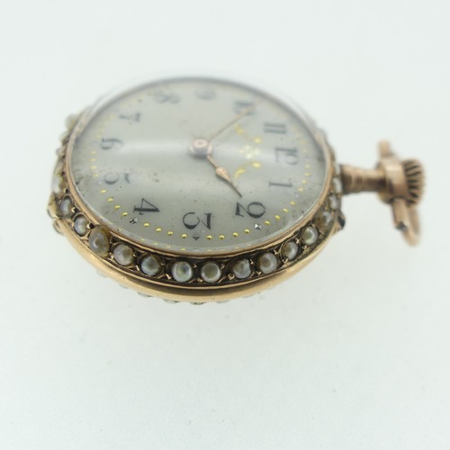 113 - A pretty Swiss 14ct gold and enamel Fob Watch, case and cuvette marked 