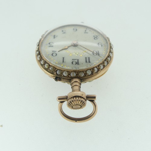 113 - A pretty Swiss 14ct gold and enamel Fob Watch, case and cuvette marked 