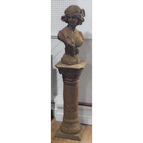 631 - Garden Statuary; Edwardian style Metal Bust on Column, depicting muse of summer, marked 'L'Ete', W x... 