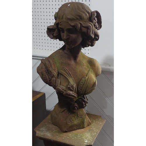 631 - Garden Statuary; Edwardian style Metal Bust on Column, depicting muse of summer, marked 'L'Ete', W x... 