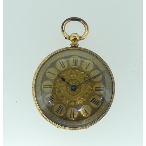 117 - A pretty continental 18k gold and enamel key-wind Pocket Watch, the floral engraved gilt dial with R... 