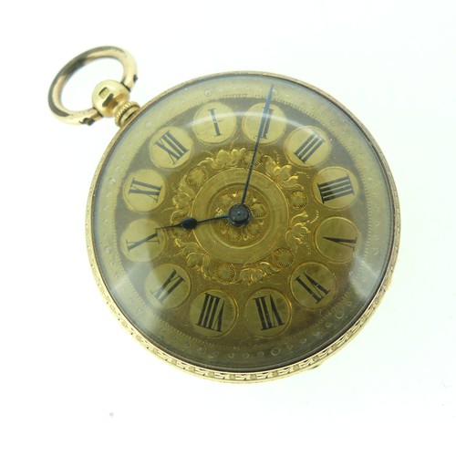 117 - A pretty continental 18k gold and enamel key-wind Pocket Watch, the floral engraved gilt dial with R... 